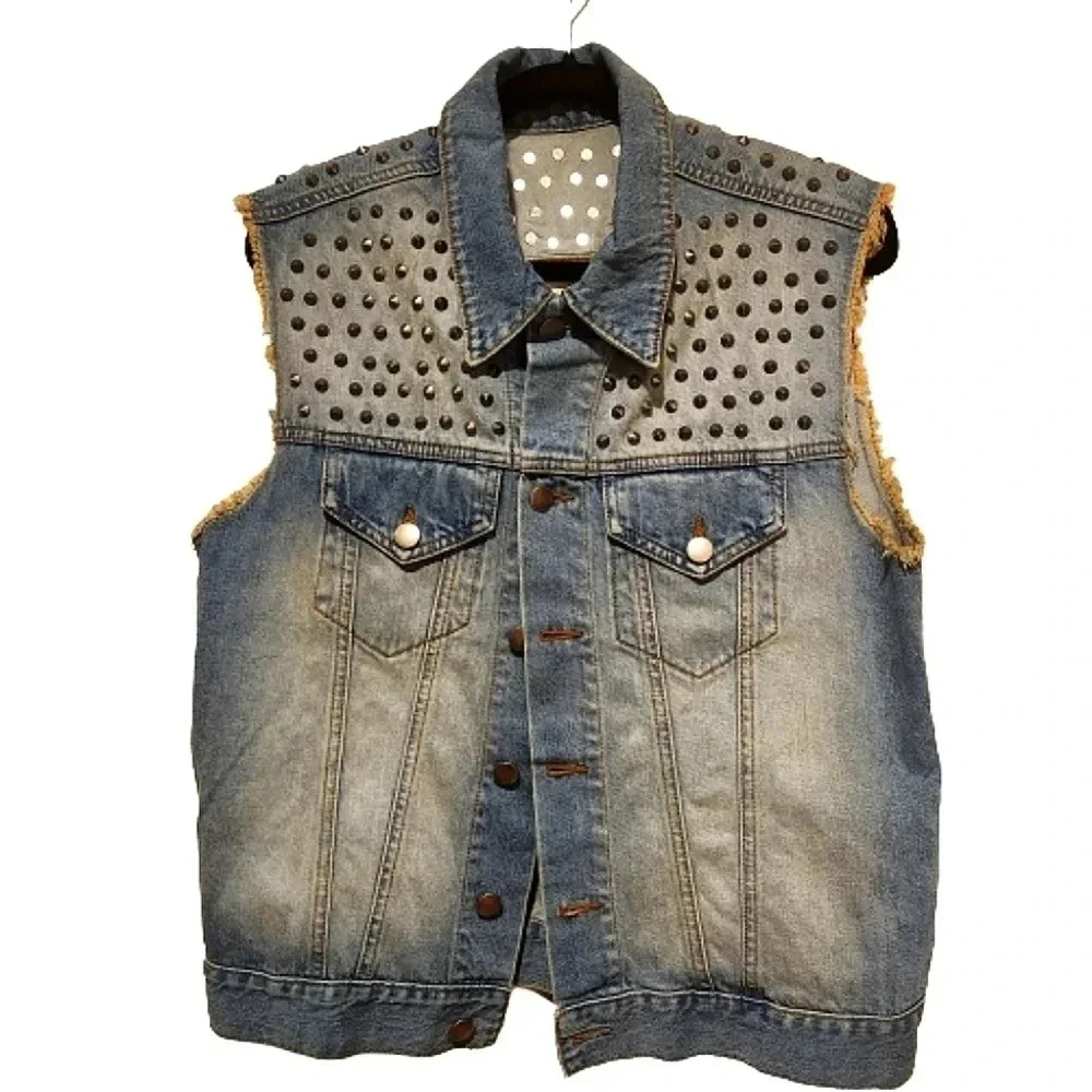 Mono b washed statement denim vest with pointed silver grommets Size OS